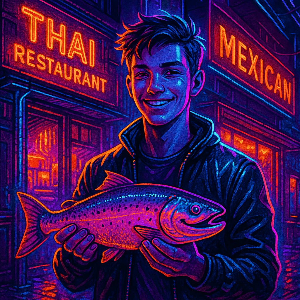 estetyka cyberpunkowa: żywe neonowe akcenty, futurystyczne tekstury, świecące detale i oświetlenie o wysokim kontraście. dla restauracji tajskiej w tle, obok meksykańskiej a na pierwszym planie stoi młody chłopak z uśmiechniętym łososiem w rękach