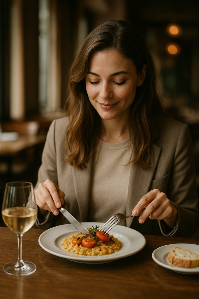 Uśmiechnięta kobieta smakująca risotto – wpis Dodaj przepis zachęcający do kulinarnych tworów