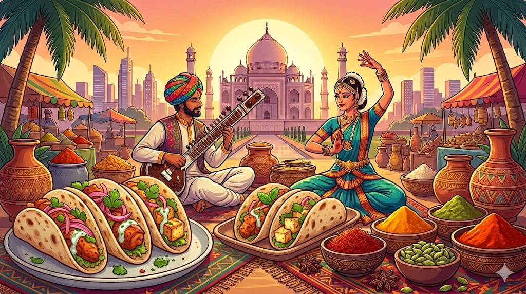 Ilustracja kuchni indyjskiej fusion: tandoori tacos na pierwszym planie, w tle Tadź Mahal i nowoczesne wieżowce o zachodzie słońca.