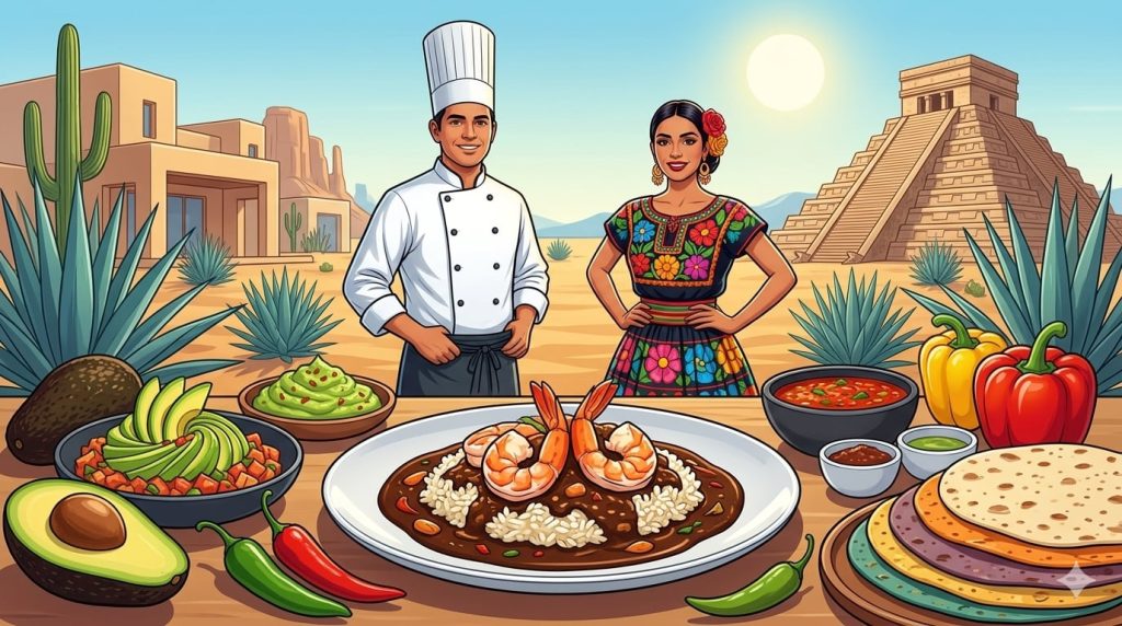 Ilustracja kuchni meksykańskiej fusion: mole risotto z krewetkami, awokado i papryczki chili, w tle piramida Majów i nowoczesna architektura.