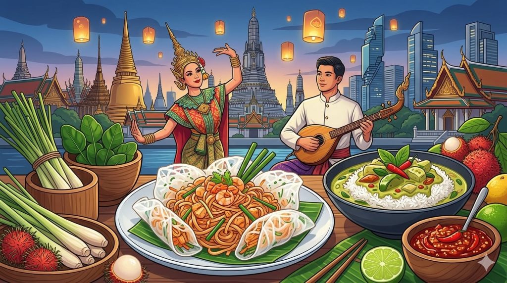 Ilustracja kuchni tajskiej fusion: pad thai w papierze ryżowym, zielone curry, w tle tajska świątynia i lampiony na wieczornym niebie.